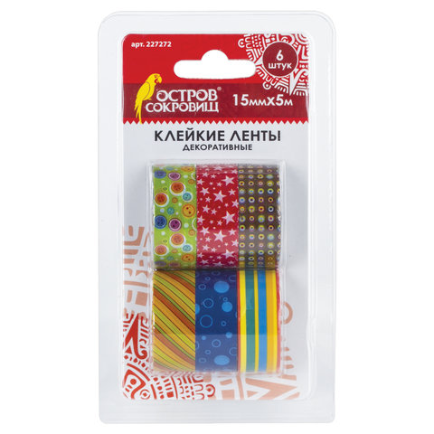 Клейкие ленты 15 мм х 5 м, декоративные, ОСТРОВ СОКРОВИЩ, комплект 6 шт., №2, блистер