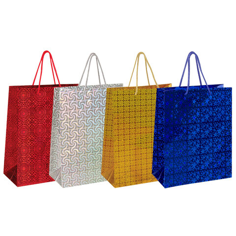Пакет подарочный (1 штука) 26x13x32 см, ЗОЛОТАЯ СКАЗКА голография, 4 цвета