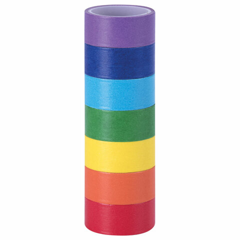 Клейкие WASHI-ленты для декора РАДУЖНЫЕ, однотонные, 15 мм х 3 м, 7 цветов, рисовая бумага, ОСТРОВ СОКРОВИЩ