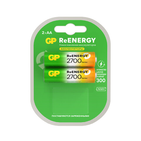 Батарейки аккумуляторные GP ReEnergy Ni-Mh пальчиковые КОМПЛЕКТ 2 шт., АА (HR6), 2600 mAh, 270AAHCRGY, 270AAHCRGY-2CR