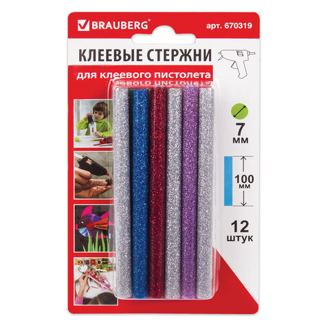 Клеевые стержни, диаметр 7 мм, длина 100 мм, цветные (ассорти), С БЛЕСТКАМИ, КОМПЛЕКТ 12 шт., 6 цветов, BRAUBERG