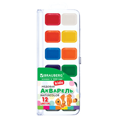 Краски акварельные BRAUBERG KIDS NEW, медовые, 12 цветов, квадратные кюветы, пластиковый пенал с европодвесом