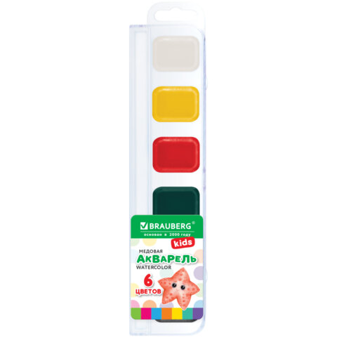 Краски акварельные BRAUBERG KIDS NEW, медовые, 6 цветов, квадратные кюветы, пластиковый пенал с европодвесом