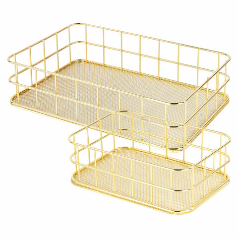 Органайзер для косметики корзинка 2 штуки из металла MONTE VITA (МОНТЕ ВИТА), 24х16х6,3 см + 17х12х6 см, золото