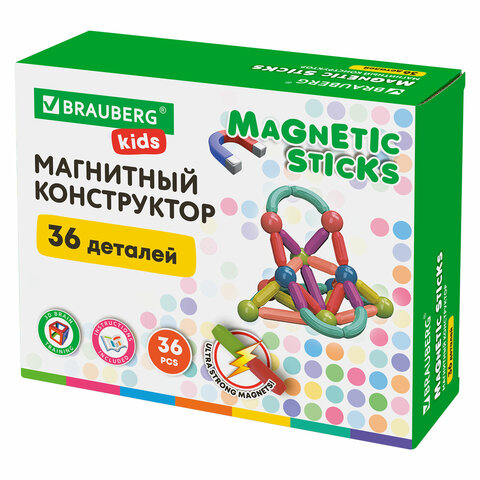 Магнитный конструктор MAGNETIC STICKS, 36 магнитных деталей, BRAUBERG KIDS