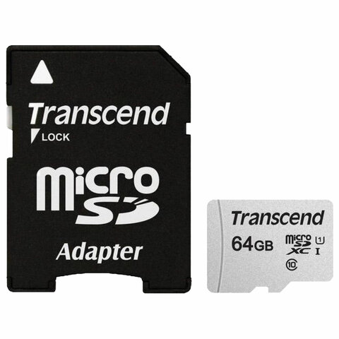Карта памяти microSDXC GB TRANSCEND UHS-I U1, 95 Мб/сек (class 10), адаптер, TS64GUSD300S-A