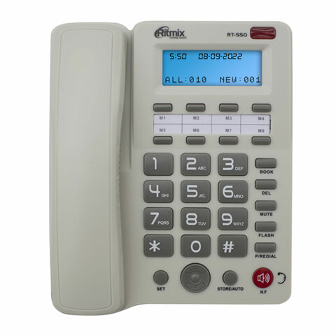 Телефон RITMIX RT-550 white, АОН, спикерфон, память 100 номеров, тональный / импульсный режим