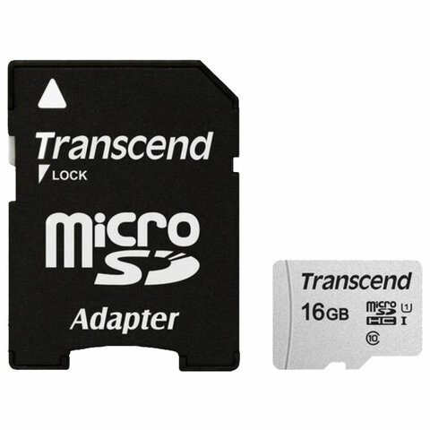 Карта памяти microSDHC GB TRANSCEND UHS-I U1, 95 Мб/сек (class 10), адаптер, TS16GUSD300S-A