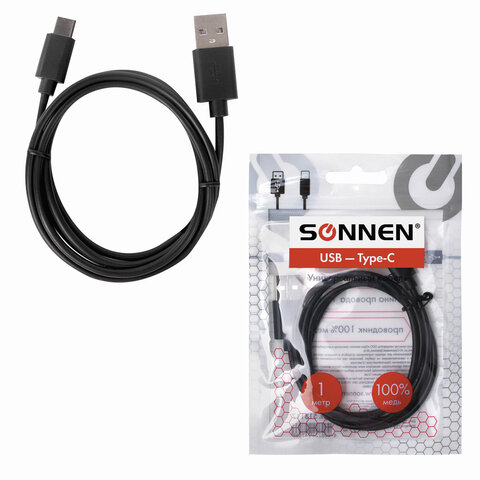 Кабель USB 2.0 – Type-C, 1 м, SONNEN, медь, для передачи данных и зарядки