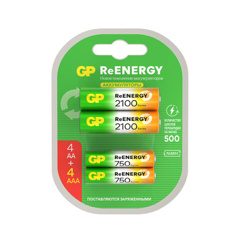 Батарейки аккумуляторные GP ReEnergy Ni-Mh НАБОР 8 шт. (ПРОМО 4+4), AA+ААА (HR6+HR03), 2000 mAh + 750 mAh, 210AAHC/75AAAHC