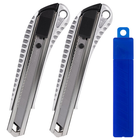 Нож канцелярский 18 мм, КОМПЛЕКТ 2 штуки + 10 ЛЕЗВИЙ, BRAUBERG Metallic, металлический корпус