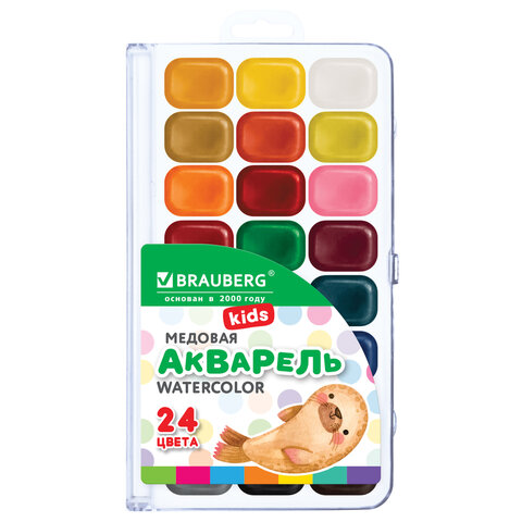 Краски акварельные BRAUBERG KIDS NEW, медовые, 24 цвета, квадратные кюветы, пластиковый пенал с европодвесом