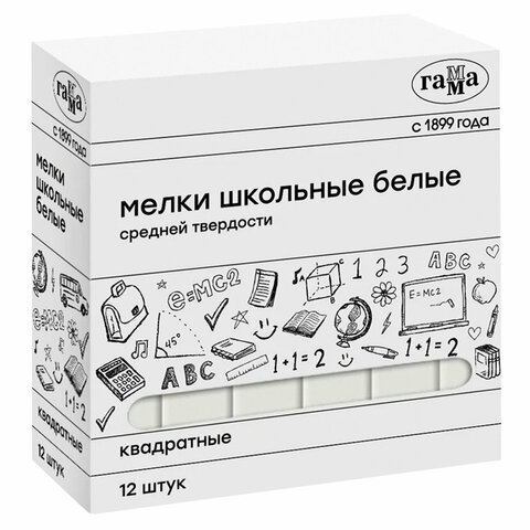 Мел квадратный средней твердости 12 штук, ГАММА, картонная упаковка