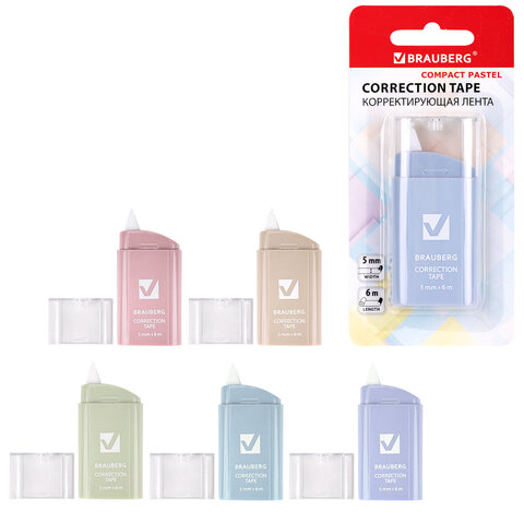 Корректирующая лента BRAUBERG COMPACT PASTEL, 5 мм х 6 м, корпус ассорти, блистер