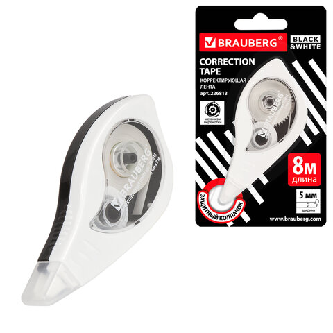 Корректирующая лента BRAUBERG BLACK&WHITE, 5 мм х 8 м, корпус , механизм перемотки, блистер