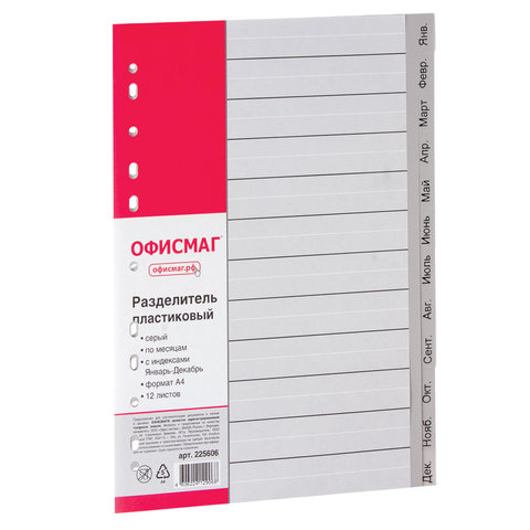 Разделитель пластиковый ОФИСМАГ, А4, 12 листов, Январь-Декабрь, оглавление, РОССИЯ
