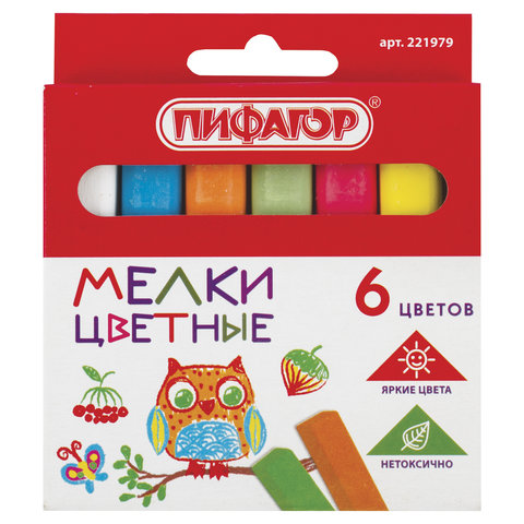 Мел цветной квадратный 6 штук, ПИФАГОР, картонная упаковка, европодвес