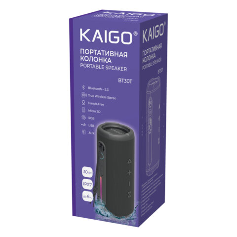 Колонка портативная влагозащищенная KAIGO (КАЙГО) BT30T, 30 Вт, Bluetooth, USB, Micro SD, AUX, RGB, TWS, IPX7