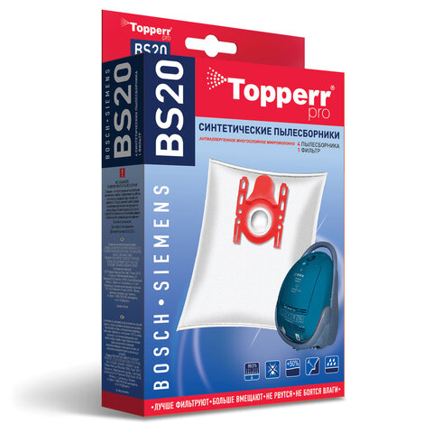 Мешок для пылесоса (пылесборник) синтетический TOPPERR BS20, BOSCH, SIEMENS, КОМПЛЕКТ 4 шт.