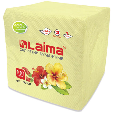 Салфетки бумажные 100 штук, см, LAIMA, жёлтые (пастельный цвет), 100% целлюлоза