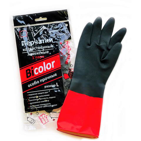 Перчатки МНОГОРАЗОВЫЕ латексные BiColor черно-красные, хлопчатобумажное напыление, размер 8-9, вес 68 г, КП