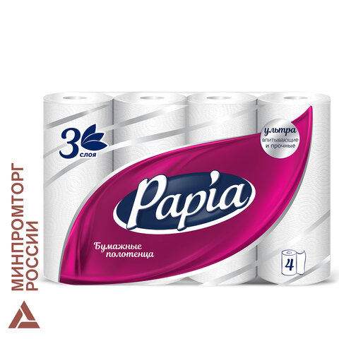 Полотенца бумажные бытовые, спайка 4 шт., 3-слойные (4х11,2 м), PAPIA, 23x13 см