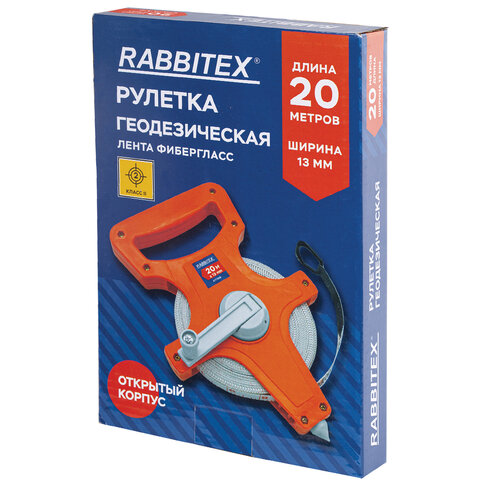 Рулетка геодезическая 20 м х 13 мм, лента фибергласс, открытый корпус, RABBITEX (РАББИТЕКС)