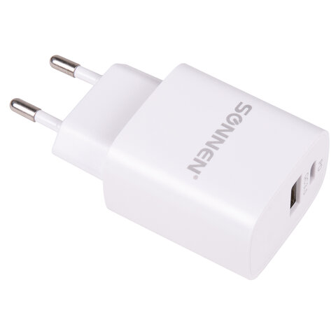 Зарядное устройство быстрое сетевое (220 В) SONNEN, USB QC 3.0 + Type-C PD 20 Вт, 3 А