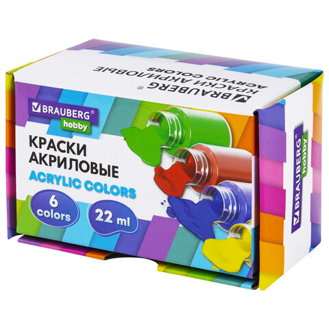 Краски акриловые художественные 6 цветов в банках по мл, BRAUBERG HOBBY