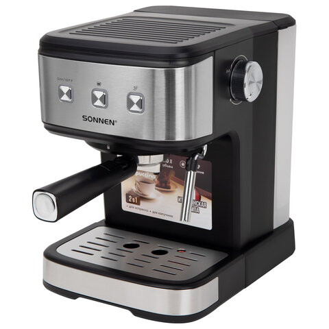 Кофеварка рожковая ручной капучинатор SONNEN CM8501, 1100 Вт, 1,5 л, 15 бар, черная/серебро