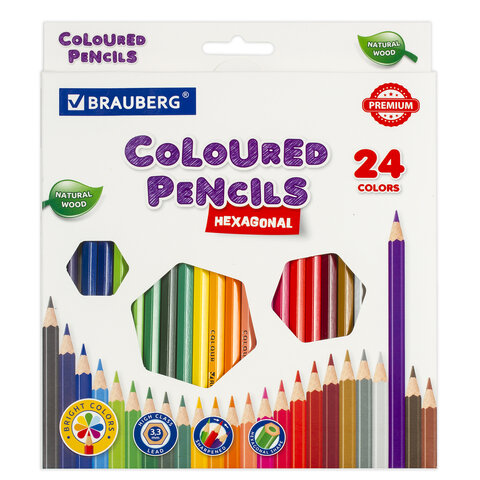 Карандаши цветные BRAUBERG PREMIUM, 24 цвета, шестигранные, грифель 3,3 мм, натуральное дерево