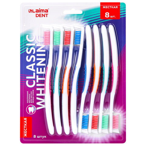 Зубная щетка жесткая CLASSIC WHITENING, безопасное отбеливание, КОМПЛЕКТ 8 шт., LAIMA DENT