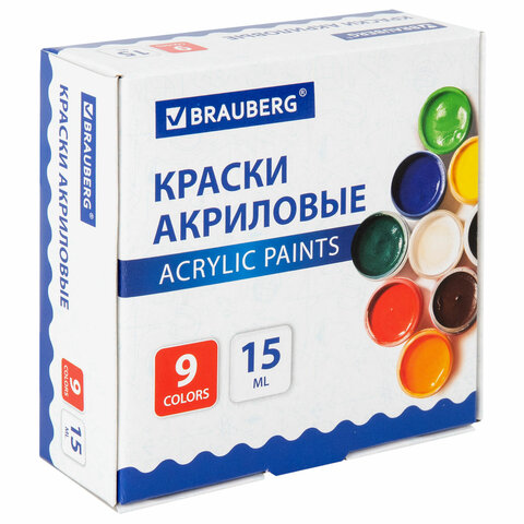 Краски акриловые для рисования и творчества 9 цветов по мл, BRAUBERG