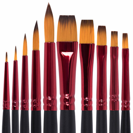 Кисти BRAUBERG PREMIUM, набор 10 шт. (синтетика, круглые № 1, 2, 3, 5, 8, плоские № 2, 4, 6, 8, 10), 201027