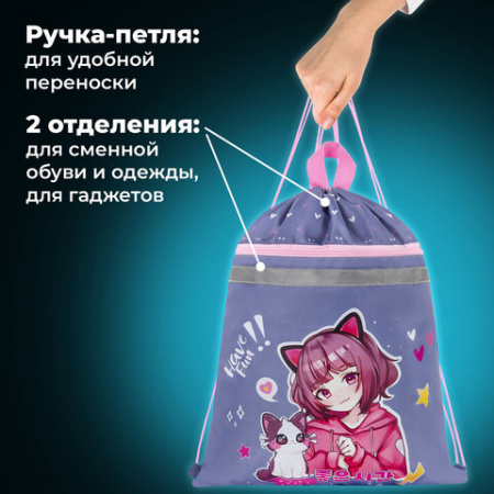 Мешок для обуви BRAUBERG, с петлей, светоотражающая полоса, 2 отделения, 46х36 см, "Друзья навсегда", 272398