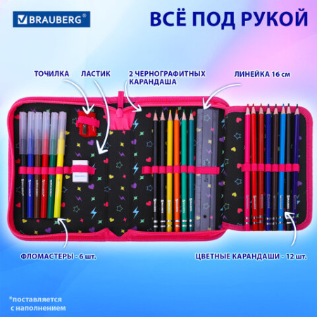 Пенал BRAUBERG с наполнением, 1 отделение, 1 откидная планка, 24 предмета, 21х14 см, "Наушники", 273531