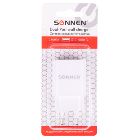 Зарядное устройство быстрое сетевое (220 В) SONNEN, USB QC 3.0 + Type-C PD 20 Вт, 3 А, белое, 455505