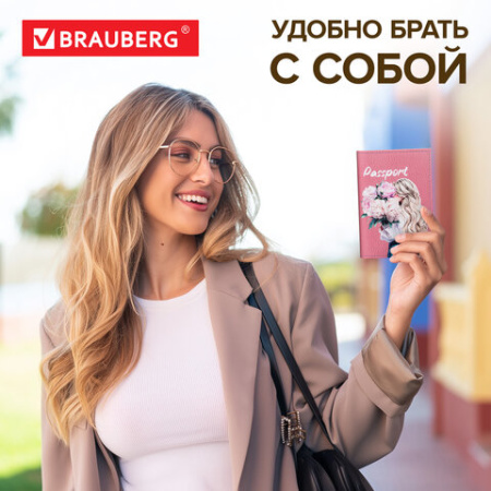 Обложка для паспорта натуральная кожа флоттер, принт "Девушка", цвет пудрово-розовый, BRAUBERG, 238868