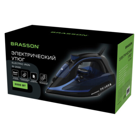 Утюг паровой BRASSON (БРАССОН) SI-2530, 3000 Вт, керамика, автоотключение, антикапля, ШНУР 2,8 м, самоочистка, черный/синий, 458311