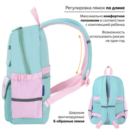 Рюкзак BRAUBERG PASTEL с термонашивками в комплекте, "Funny clouds", мятный, 40х29х14 см, 271421