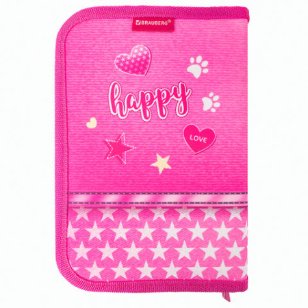 Пенал BRAUBERG, 1 отделение, 1 откидная планка, полиэстер, 21х14 см, "Happy kitten", 270308