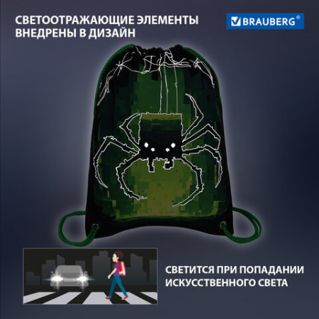 Мешок для обуви BRAUBERG PREMIUM, карман, подкладка, светоотражайка, 43х33 см, "Кибер-паук", 273444
