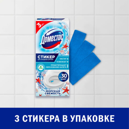 Освежитель/очиститель для унитаза/писсуара КОМПЛЕКТ 3 шт. х 10 г ДОМЕСТОС Attax, "Морская Свежесть", стикер