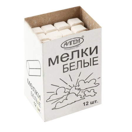 Мел белый квадратный 12 штук, АЛГЕМ, картонная упаковка, НМБ-12