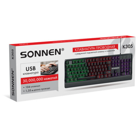 Клавиатура проводная USB, 104 клавиши, LED-подсветка, SONNEN K305, черная, 513948