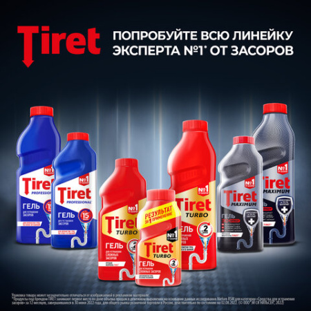 Средство для прочистки канализационных труб 1 л, TIRET (Тирет) "Turbo", гель, 8147377