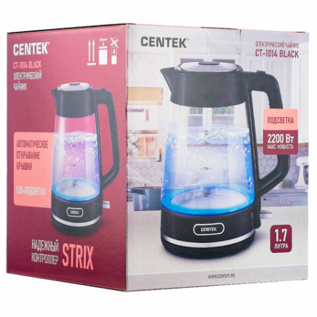 Чайник CENTEK CT-1014, 1,7 л, 2200 Вт, закрытый нагревательный элемент, стекло, черный, CT-1014 Black