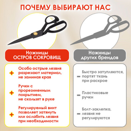 Ножницы портновские 240 мм, КЛАССИЧЕСКИЕ, черные, ручки с силиконовым покрытием, ОСТРОВ СОКРОВИЩ, 665598