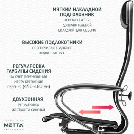 Кресло офисное МЕТТА "К-12", хром, ткань-сетка, сиденье и спинка регулируемые, черное
