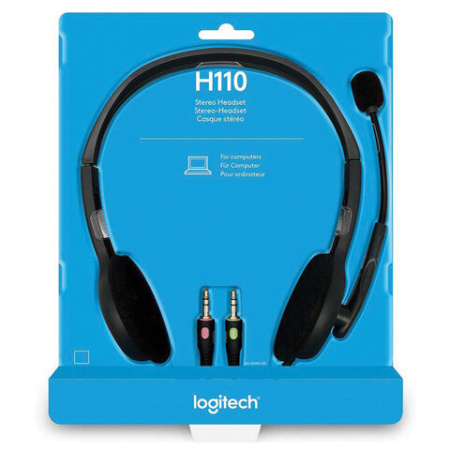 Наушники с микрофоном (гарнитура) LOGITECH H110, проводная, компьютерная, 1,83 м, стерео, 2 x mini jack 3,5 мм, черная